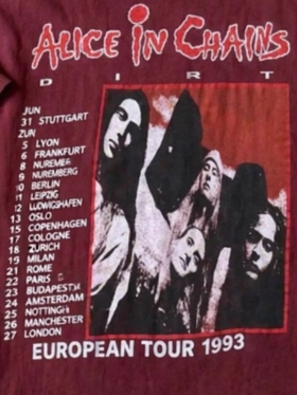 Alice in Chains European Tour 1993 Vintage-Washed Burgundy Two-Sided T-Shirt - Picture 3 of 3
